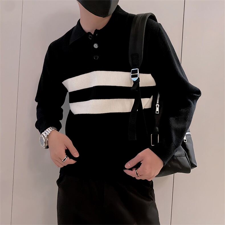 LV291/P85控115美式Polo领男款针织衫毛衣冬季条纹百搭打底衫黑首,男装T恤,星座305B