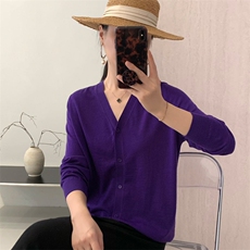 杨子纱100%超细羊毛V领开衫，女装针织衫/毛衣，优麦羊绒（原洪叶羊绒）