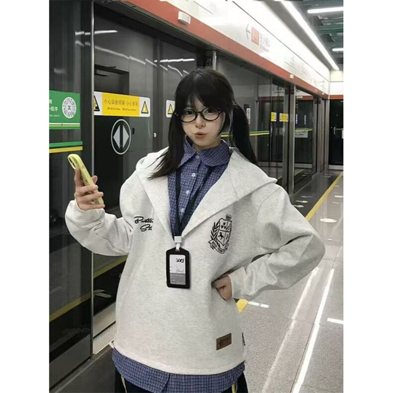 5556-P62原版做工压线+刺绣+广州格子假两件休闲卫衣,女装卫衣/绒衫,星座617A-2