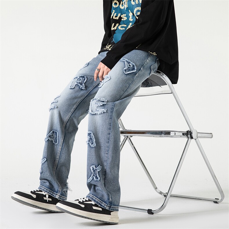 B221美式ins高街小众重工艺字母直筒牛仔裤LK23025-P60控78,男装牛仔裤,电商B221