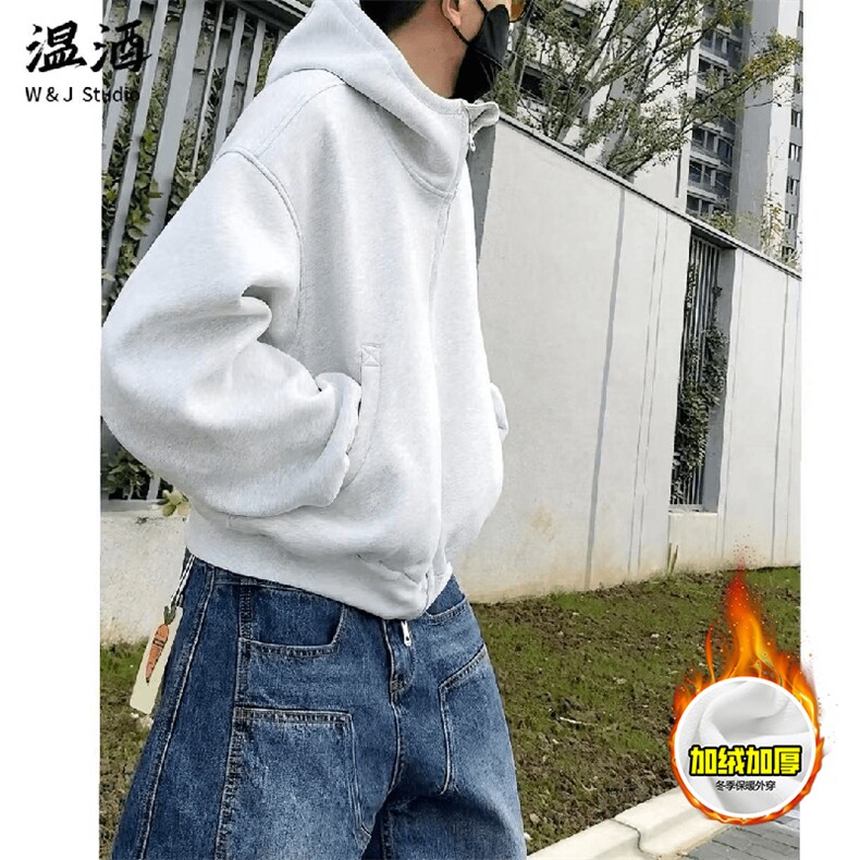 480G重磅加绒硬挺boxy男女秋冬美式高街防风高领卫衣开衫厚外套,女装短外套,电商A486