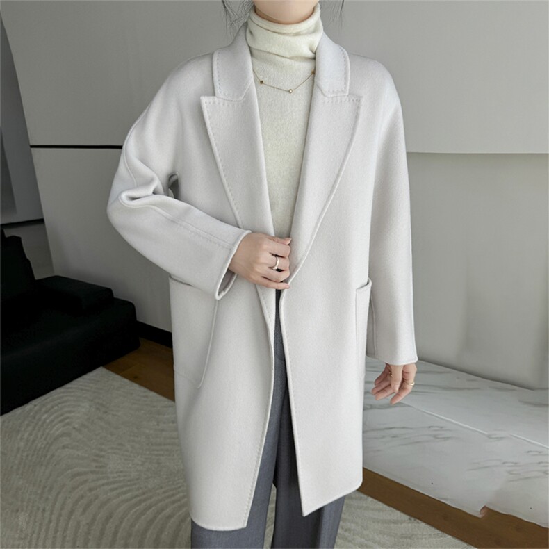 2025年秋季新款百搭女士中长款POLO领长袖系带大衣，女装双面呢大衣，鹿展羊绒大衣