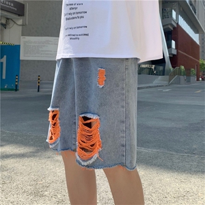 破洞牛仔短裤男夏季潮牌ins宽松直筒休闲五分裤港风痞帅DK688-P35图片