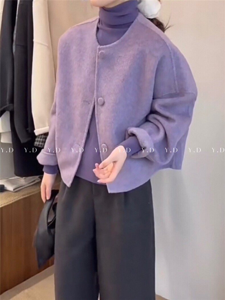 韩系短款秋冬新款圆领阔版显瘦单排包扣羊毛外套(含5.，女装双面呢大衣，依嘟服饰