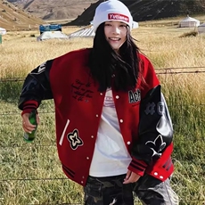 2026潮牌情侣美式拼皮撞色棒球服男女情侣外套秋冬宽松加厚夹克，男装夹克，星座715-4