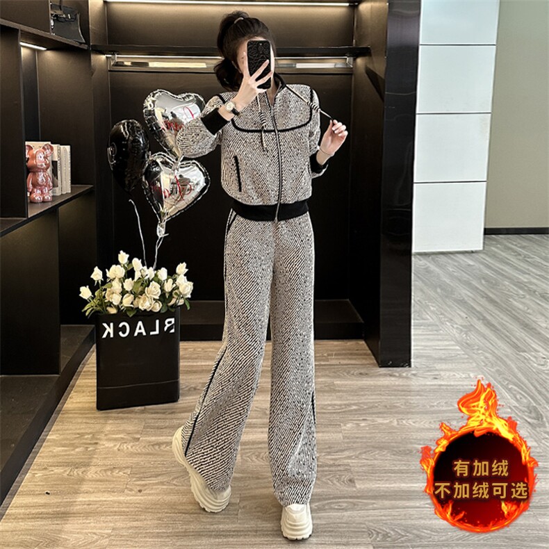 显瘦加绒时尚开衫卫衣阔腿裤两件套潮,女装套装/套裙,江南