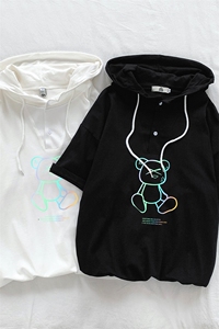 LD54139-P45 连帽短袖t恤男大码胖子带帽五分袖中袖图片