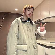 中性风撞色灯芯绒拼接领棉衣外套女宽松羊羔绒加厚棉服G1070P128，男装棉衣，电商A339