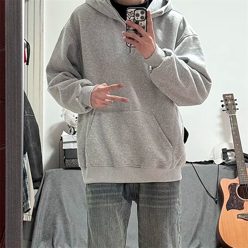 抖音得物高品质二开25秋冬美式重磅宽松纯色连帽拉链高领卫衣W65,男装卫衣,电商A486-1