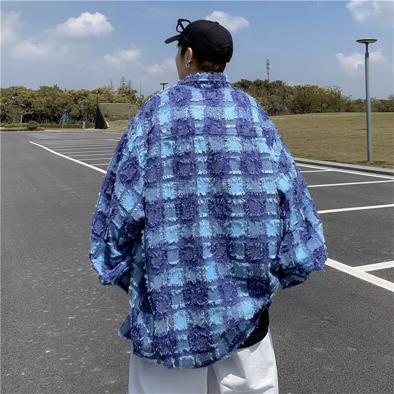 格子长袖衬衫男春秋款高级感潮牌痞帅衬衣外套美式上衣W1373/P50,男装衬衫,星座506