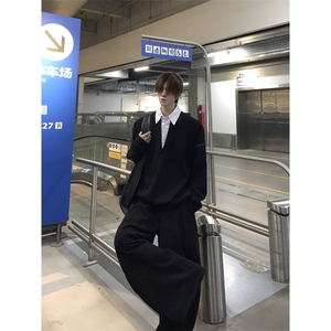 秋季新款男士时尚韩系ins高级时尚简约潮流假两件条纹衬衫领套装图片