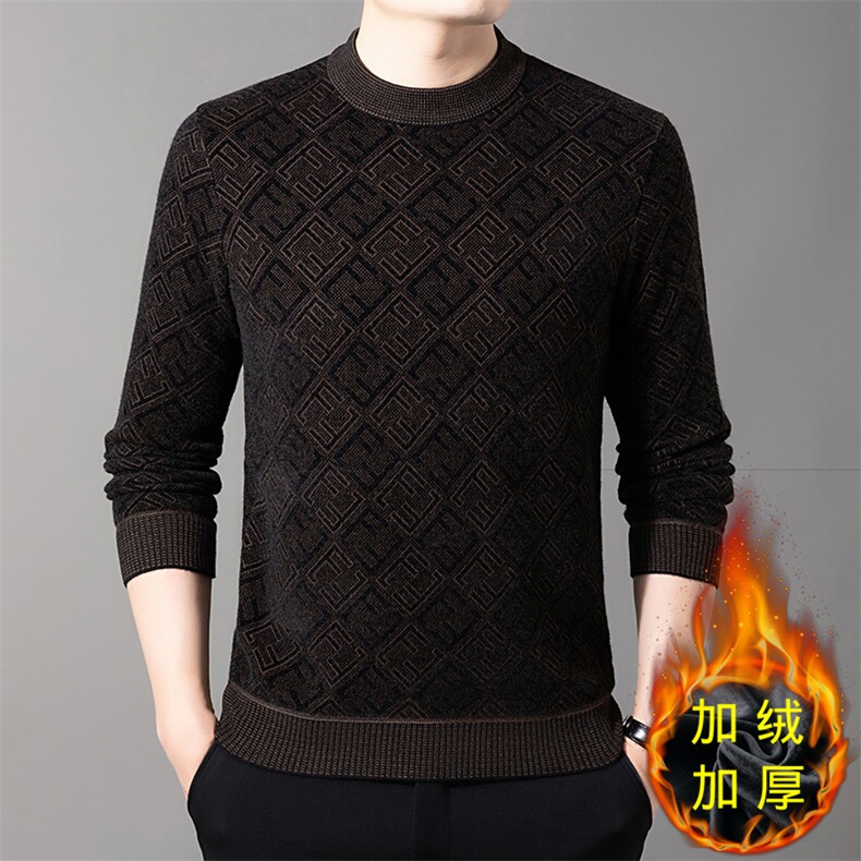 冬季新款中年男装雪貂圆领绒休闲毛衣男士加绒加厚保暖针织打底衫图片