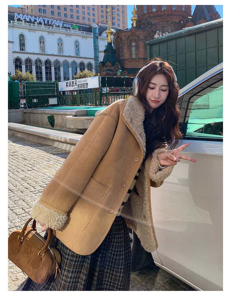 两面穿皮毛一体保暖上衣女冬超好看麂皮绒羊羔毛外套，女装羊羔毛/颗粒绒，昱喆服饰