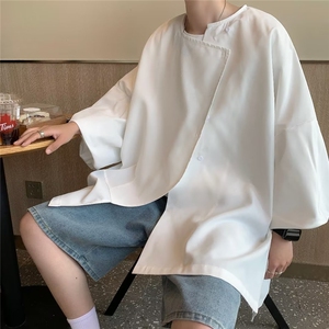 不规则百搭标准夏季男ins纯色潮流衬衫潮青春流行气质五分袖图片