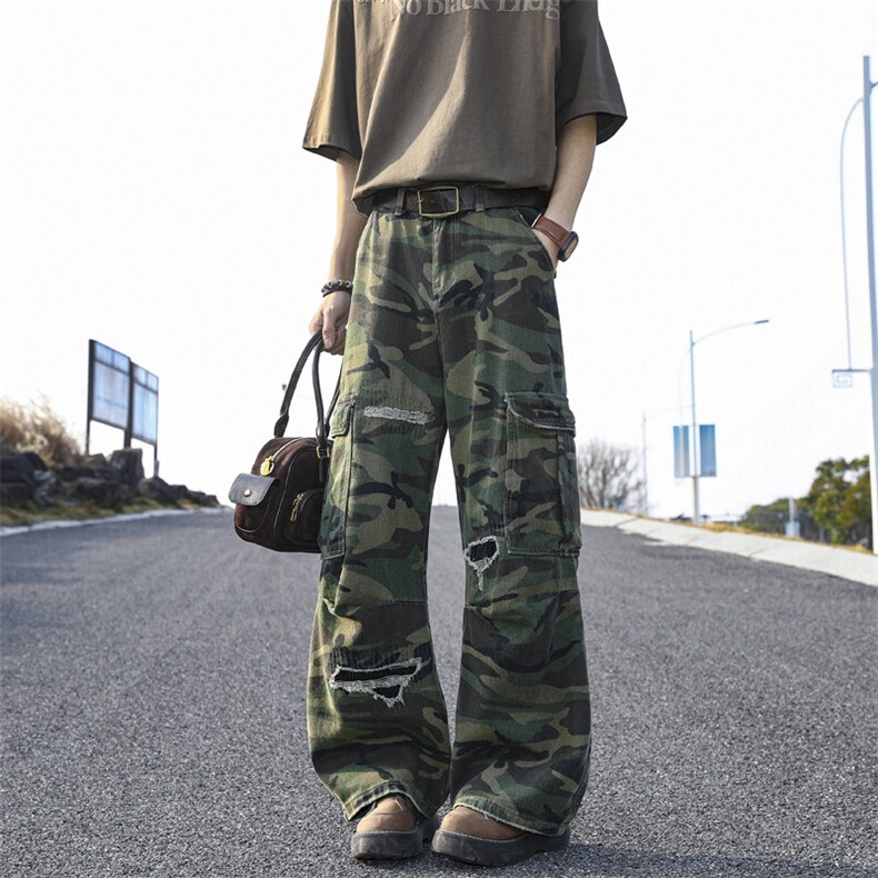 美式街头破洞迷彩裤男夏季潮牌hiphop直筒工装裤宽松阔腿休闲裤子图片