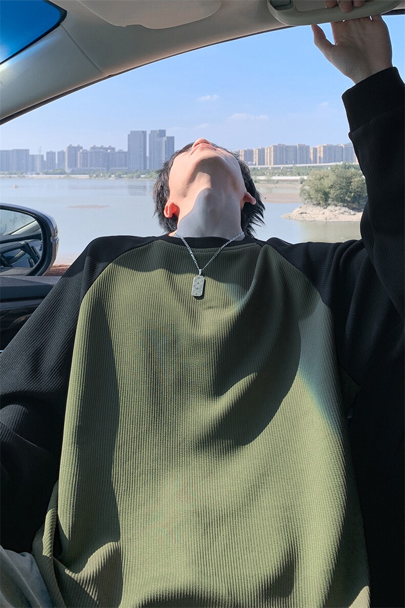 特批P25无差价秋季港风撞色拼接插肩袖肌理感大码长袖T恤男T5074,男装T恤,电商A001-1