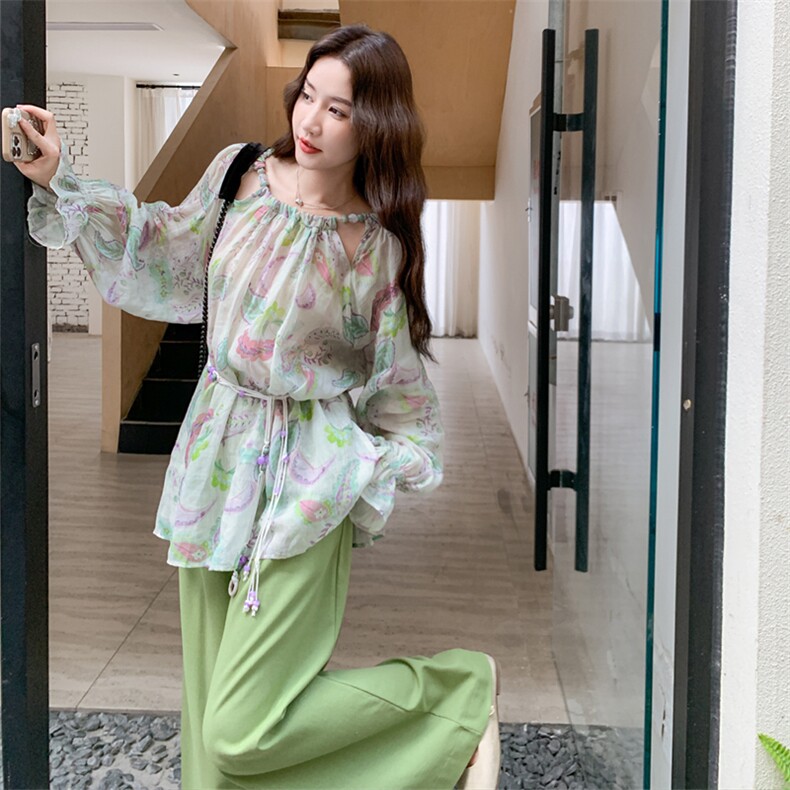 巨好看绿色碎花露肩衬衫阔腿裤套装女春秋超火清纯系松弛感两件套,女装套装/套裙,2C158