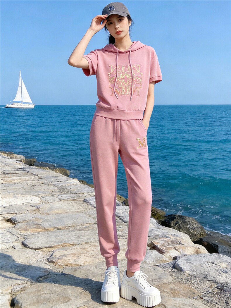 时尚减龄休闲套装女夏季新款粉色连帽短袖卫衣休闲束脚长裤两件套,女装套装/套裙,江南
