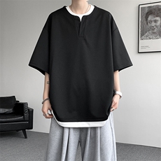 8XL-M重磅斜纹假两件短袖t恤男夏季薄款宽松大码半袖体恤DT006P45，男装T恤，电商B312
