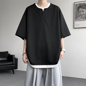 8XL-M重磅斜纹假两件短袖t恤男夏季薄款宽松大码半袖体恤DT006P45