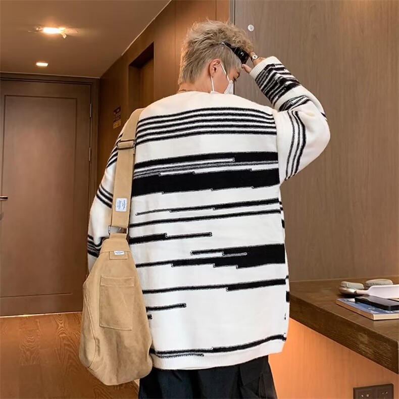 白色不规则条纹毛衣女秋冬慵懒风设计感小众针织衫MA339P68,男装针织衫/毛衣,星座1116-2