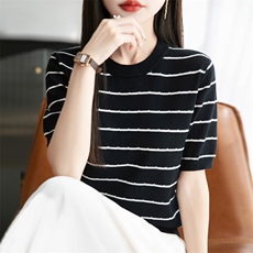 2025夏季新款女圆领断点条纹纯棉针织短袖T恤宽松洋气甜美气质，女装T恤，秋双羊绒