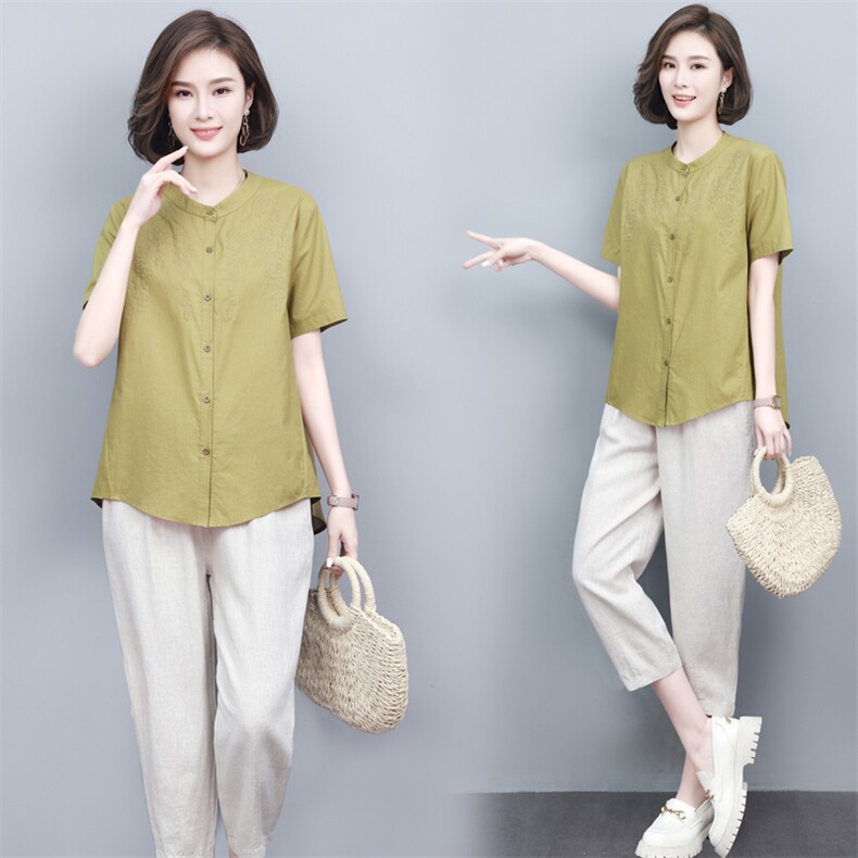 新款2024亚麻棉两件套刺绣T恤衬衫女七分裤中老年妈妈装一整套装图片