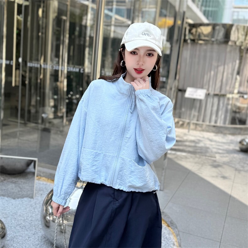 立领宽松防晒衣女夏季短款黄色休闲薄显瘦黄色设计感防晒服蝙蝠袖,女装短外套,深水步