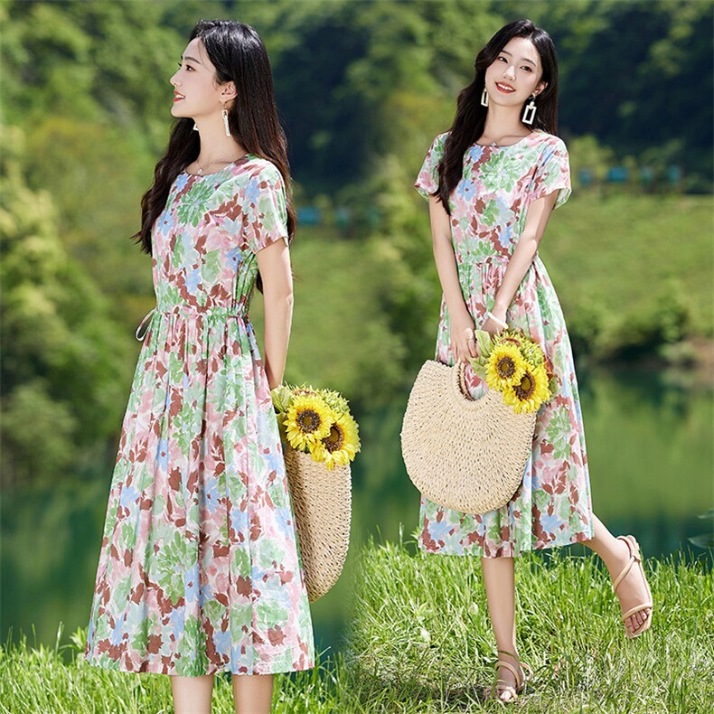 夏季薄款短袖纯棉印花连衣裙女2026新款洋气减龄休闲气质显瘦裙子,女装连衣裙,倪叶myz