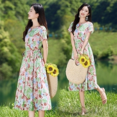 夏季薄款短袖纯棉印花连衣裙女2026新款洋气减龄休闲气质显瘦裙子，女装连衣裙，倪叶myz