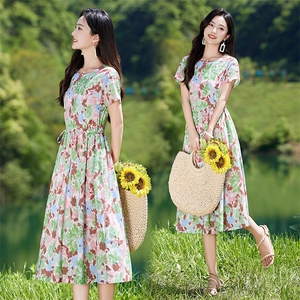 夏季薄款短袖纯棉印花连衣裙女2026新款洋气减龄休闲气质显瘦裙子图片