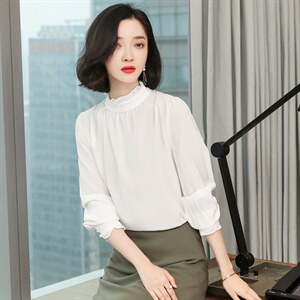立领雪纺衬衫女长袖春季修身气质白色套头高贵优雅打底加绒上衣,早春毛衫时尚新搭配图片