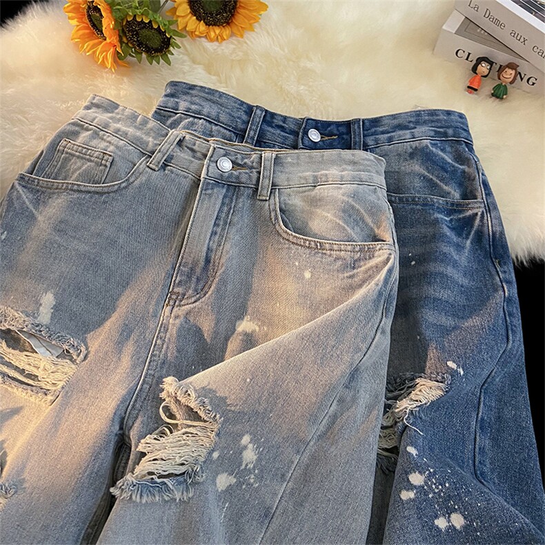 夏季新款破洞乞丐毛边泼墨直筒直筒牛仔五分短裤牛仔裤男高街美式，男装牛仔裤，星座301D-4(原星座1004-4）