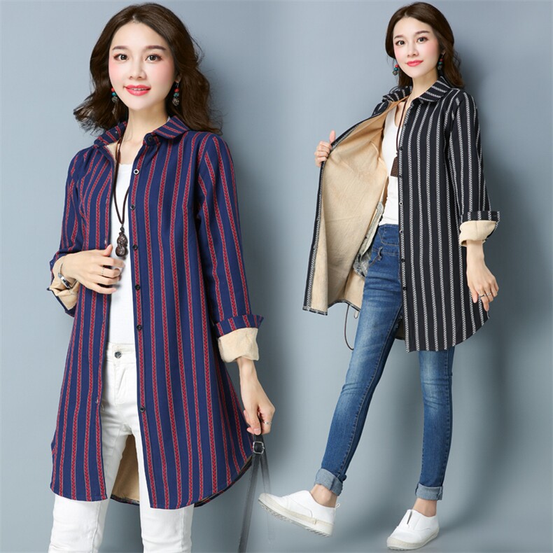 2024秋冬季新款加厚保暖加绒防寒衬衣修身显瘦中长款条纹衬衫，女装衬衫，板酷