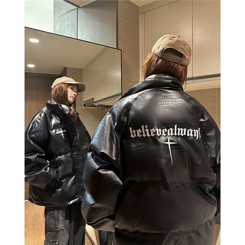 EQ345鳄鱼PU皮棉衣外套男女情侣装冬季加厚面包服2024新款,男装棉衣,电商C306-1