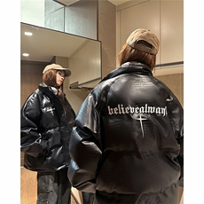 EQ345鳄鱼PU皮棉衣外套男女情侣装冬季加厚面包服2024新款，男装棉衣，电商C306-1