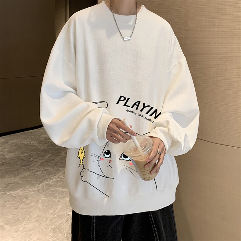 华夫格卫衣圆领卫衣男大码长袖t恤男外套HW76129-P30加绒款-P40,男装卫衣,电商A040