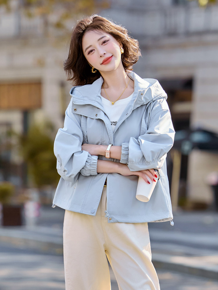 女装官网夏天蓝色短款连帽外套女2025春秋韩系小个子减龄工装,女装短外套,梦懿尔
