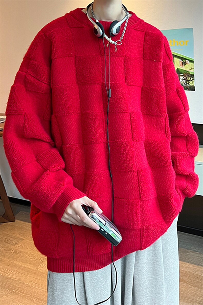 8XL-M特大码美式街头设计感毛巾绣格子毛衣男女情侣MY1204P50控68,男装针织衫/毛衣,电商D206-1