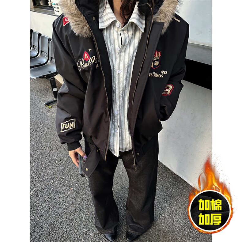 现货高品质美式高街重磅刺绣座山雕大毛毛领棉衣男女加厚棉服外套，男装棉衣，电商A486