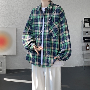 衬衫男秋季新款港风宽松大码磨毛格子扎染长袖衬衣CS507-P35图片