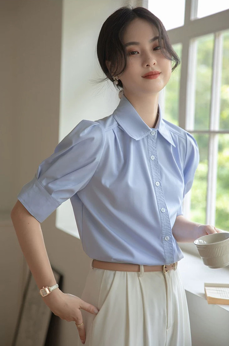 进口抗皱竹纤维面料夏季设计感通勤衬衣法式气质泡泡袖上衣,女装衬衫,湘姗