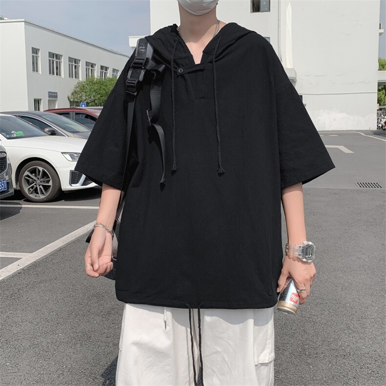 新款黑白纯色男士T恤原宿风个性连帽抽绳潮T恤百搭上衣T555-P28,男装T恤,星座512-2