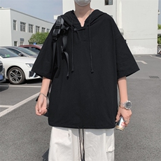 新款黑白纯色男士T恤原宿风个性连帽抽绳潮T恤百搭上衣T555-P28，男装T恤，星座512-2