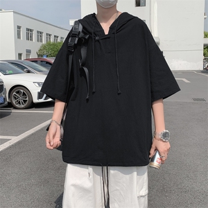 新款黑白纯色男士T恤原宿风个性连帽抽绳潮T恤百搭上衣 T555-P28图片