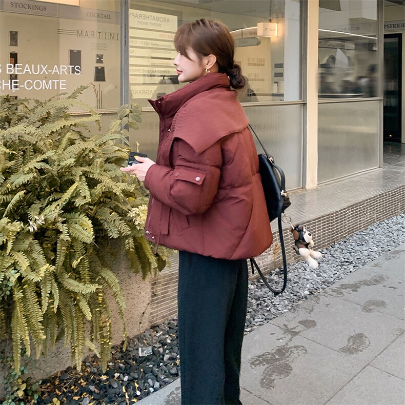 红色高级感气质短款羽绒服女冬季针织披肩设计感白鸭绒保暖外套潮,女装短外套,灵力轩