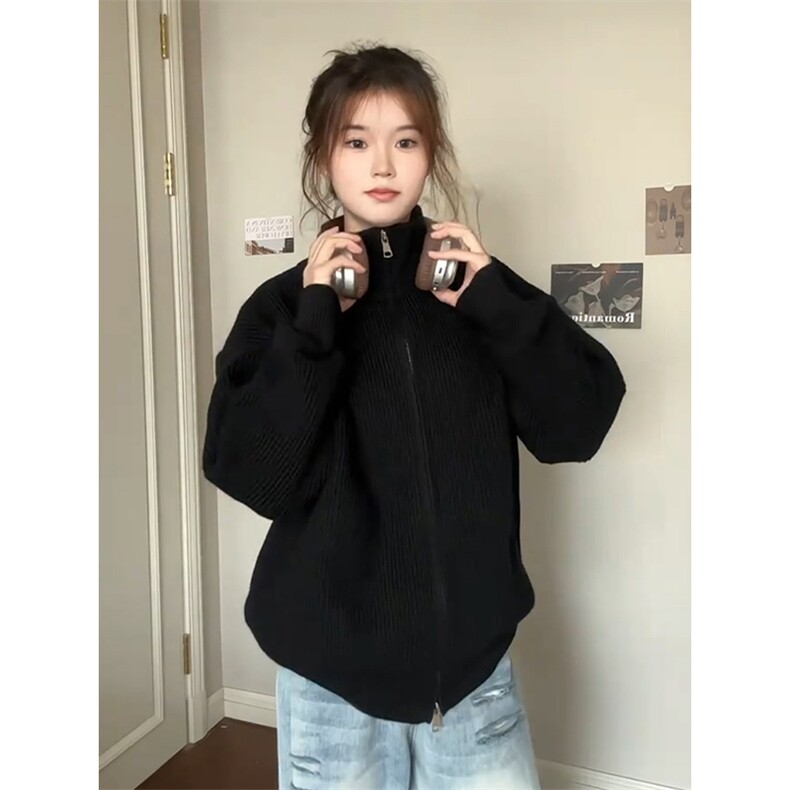 重磅秋冬北极绒双拉链毛衣开衫美式复古休闲慵懒风宽松针织衫外套图片