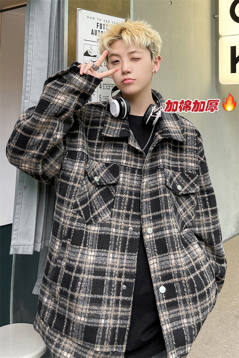 冬季加厚宽松格子翻领夹克男宽松小香风外套J606J加棉-特P75控118,男装夹克,电商A001