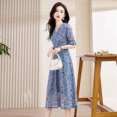 珂家商场同款2025年夏季新款浪漫茶歇V领收腰优雅连衣裙KF11887R1，女装连衣裙，牡丹诺