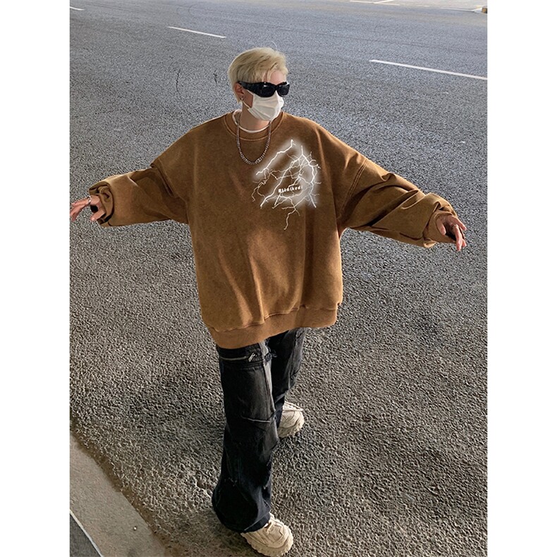 得物抖音高品质二开 360克重磅做旧炒雪花纯色圆领水洗卫衣 1528图片